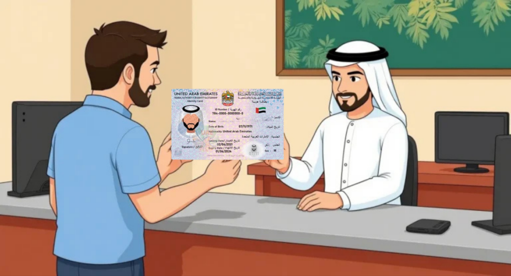 Emirates ID Card Reading Software Customer handing an Emirates ID card to staff at a service counter for identity verification