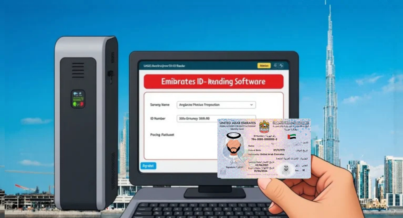 Emirates ID Card Reading Software PC running Emirates ID reading software while an Emirates ID card is scanned