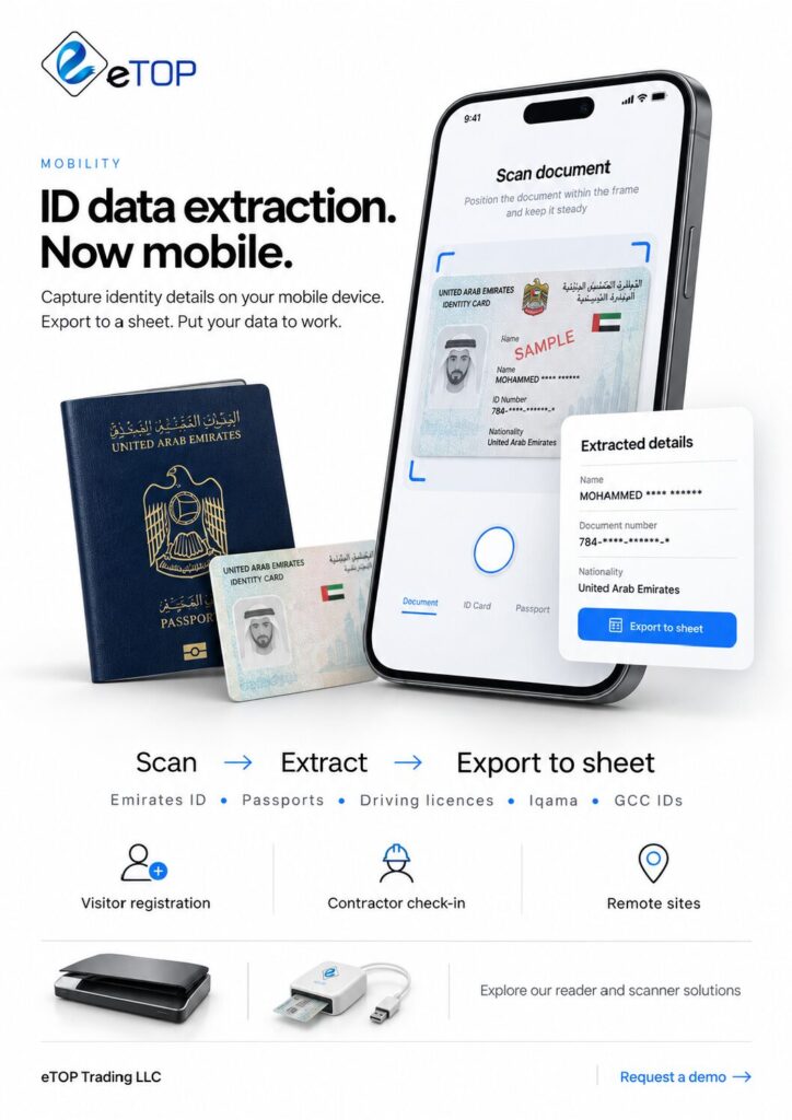 Passport Scanner vs Mobile OCR for UAE Visitor & Contractor Check-In: When a Tablet Is Enough eTOP Mobility product brochure cover - mobile OCR for Emirates ID and passport scanning