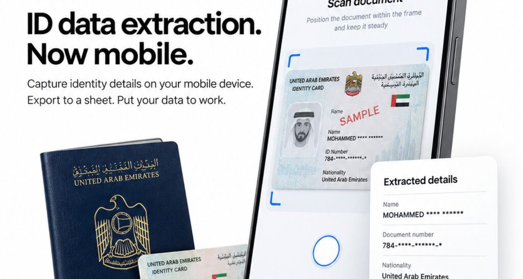 eTOP Mobility ID data extraction: scanning an Emirates ID and passport on a phone with extracted details