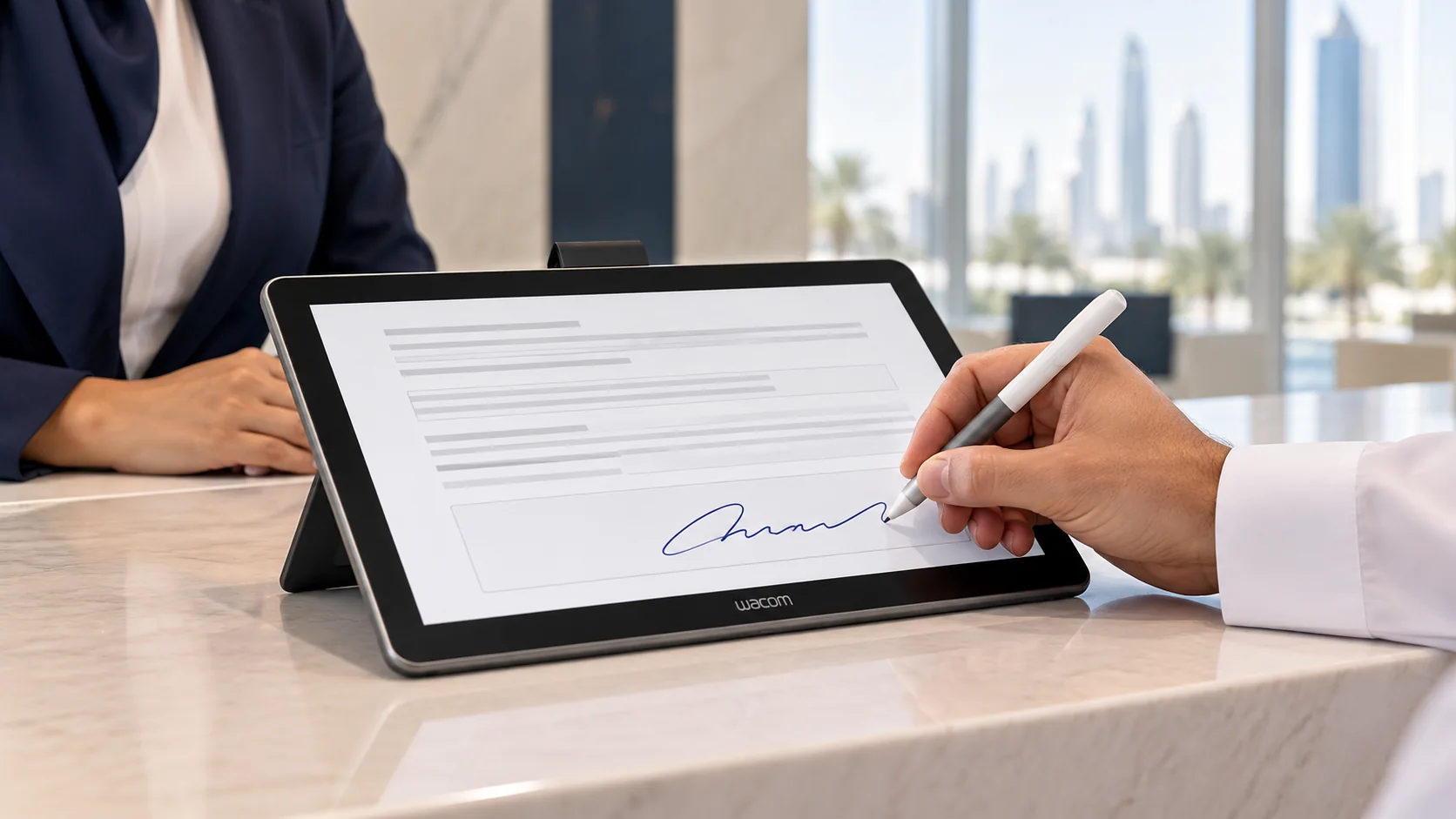 Wacom DTH142E Guide: Signing, Setup & STU Comparison Illustration of a customer signing a form on a pen and touch display at a business counter