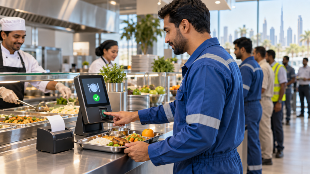 Employee verifying a meal entitlement with a fingerprint terminal at a UAE staff canteen
