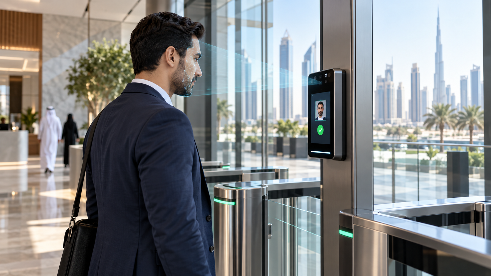 Employee using a contactless face recognition terminal at a Dubai office entrance
