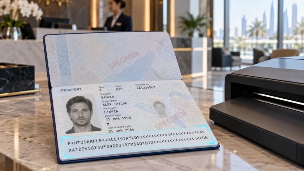 Specimen passport showing the machine readable zone beside a document scanner