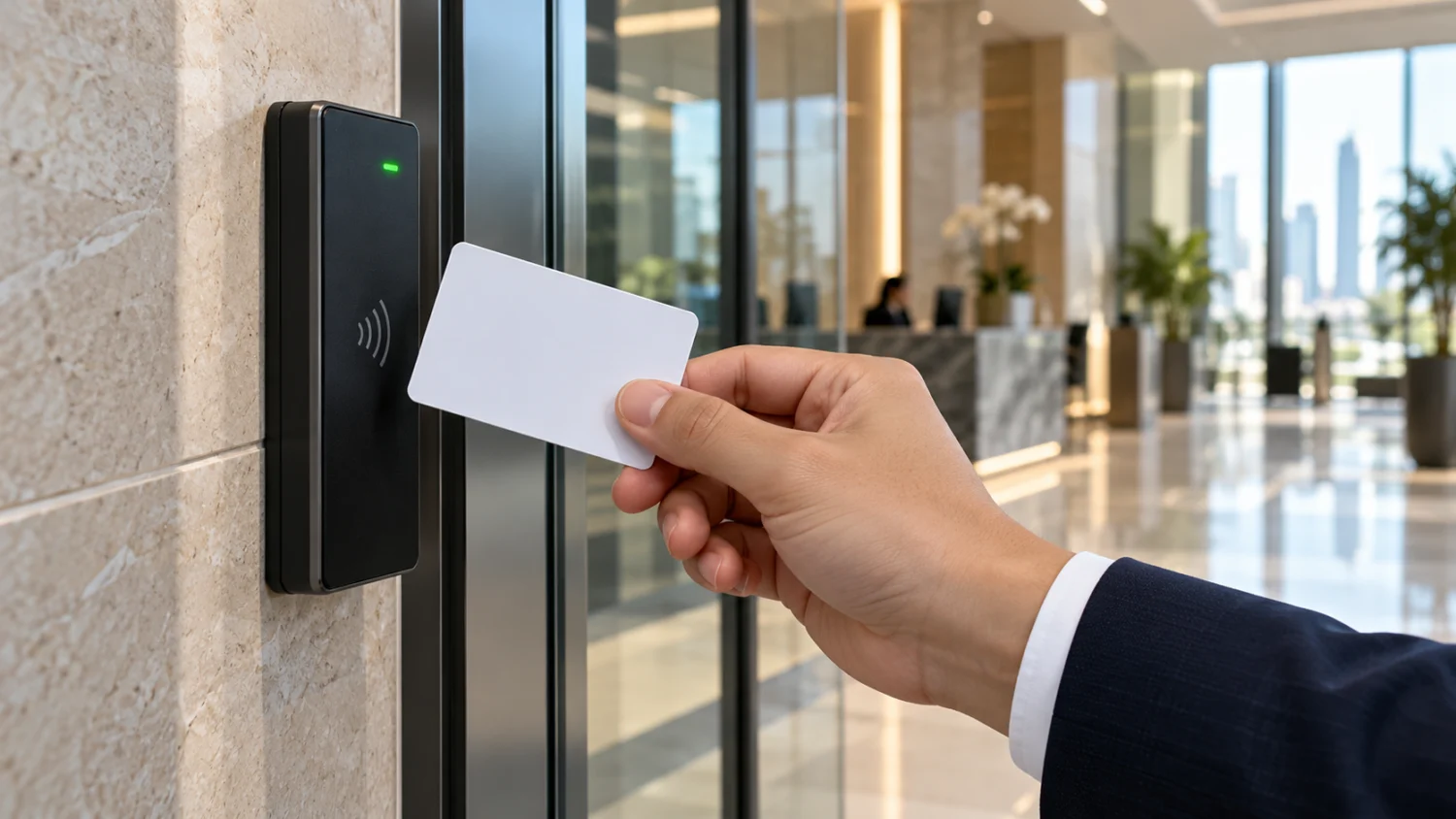 Contactless RFID access card held near an office door reader