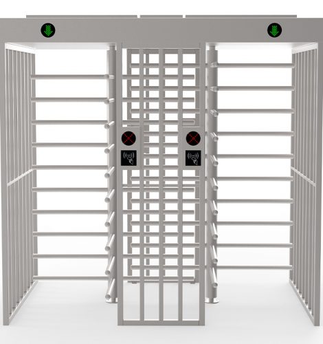 a metal gate with a green light